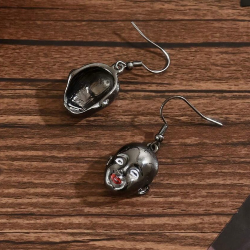 Gunmetal Doll Face Drop Earrings - Picture 5 of 7